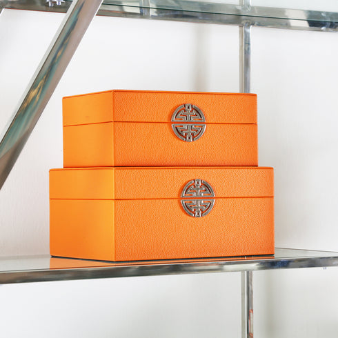 Orange & Gold Faux Leather Boxes Set of 2